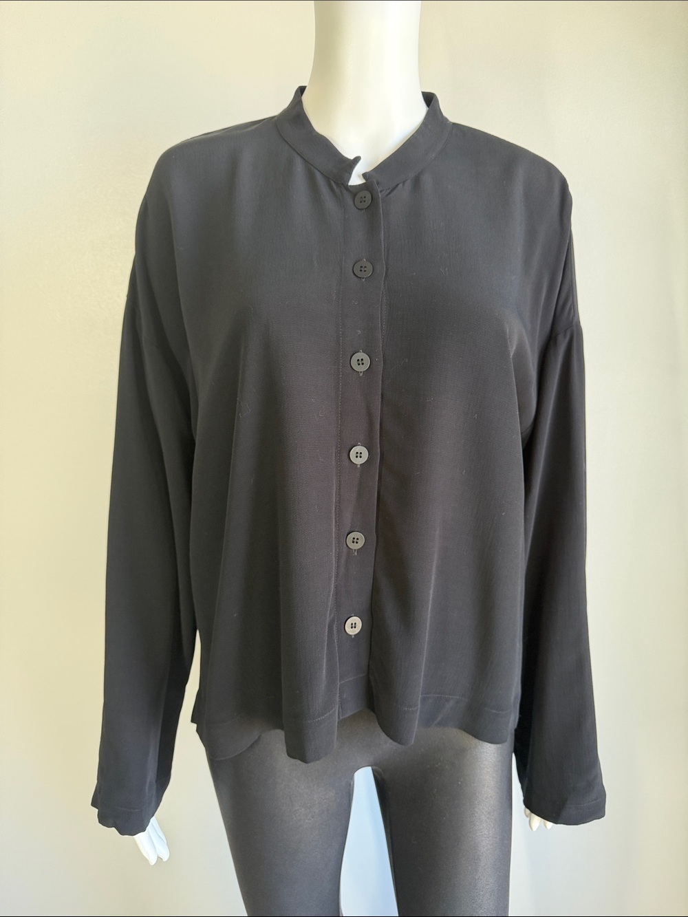 Eileen Fisher Tencel Viscose Mandarin Collar Button-Front Blouse Black - Size M